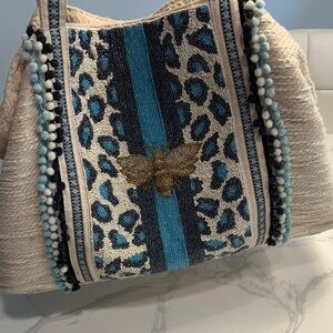 Elegant Cream and Blue Embellished Tote Bag